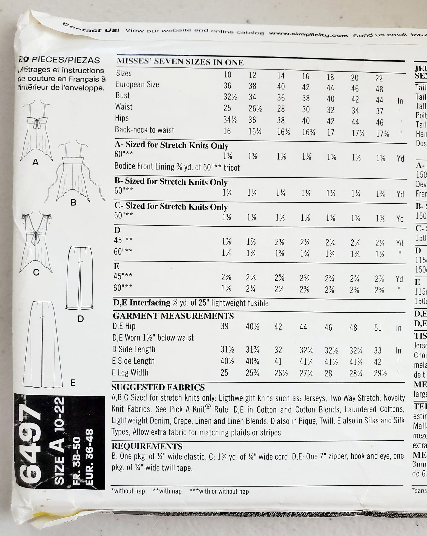 NEW LOOK Sewing Pattern 6497, Tops, Pants, Cropped Pants, Spaghetti Straps, Size 10-22