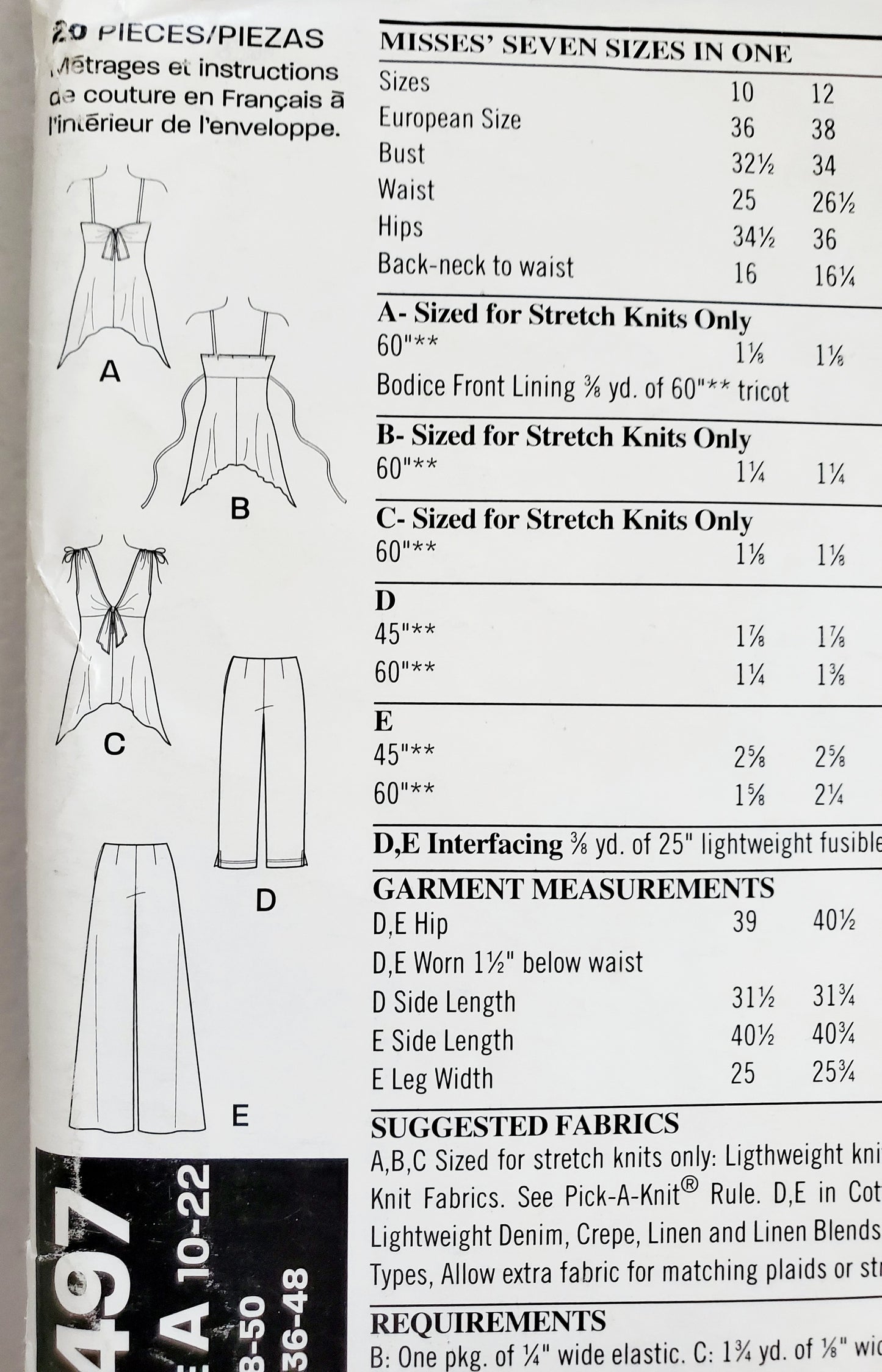 NEW LOOK Sewing Pattern 6497, Tops, Pants, Cropped Pants, Spaghetti Straps, Size 10-22
