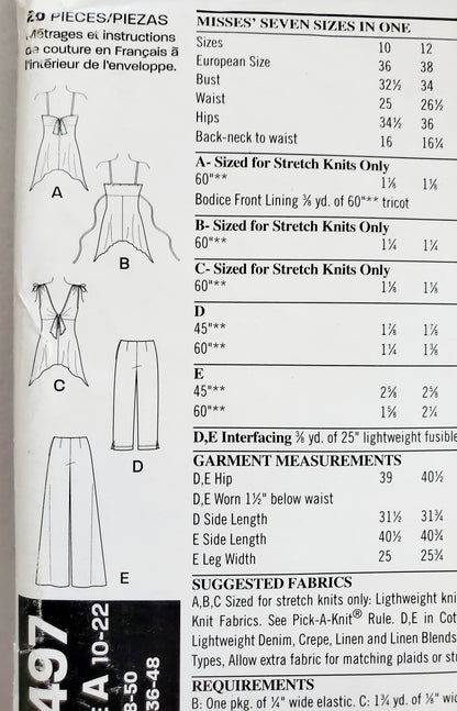 NEW LOOK Sewing Pattern 6497, Tops, Pants, Cropped Pants, Spaghetti Straps, Size 10-22