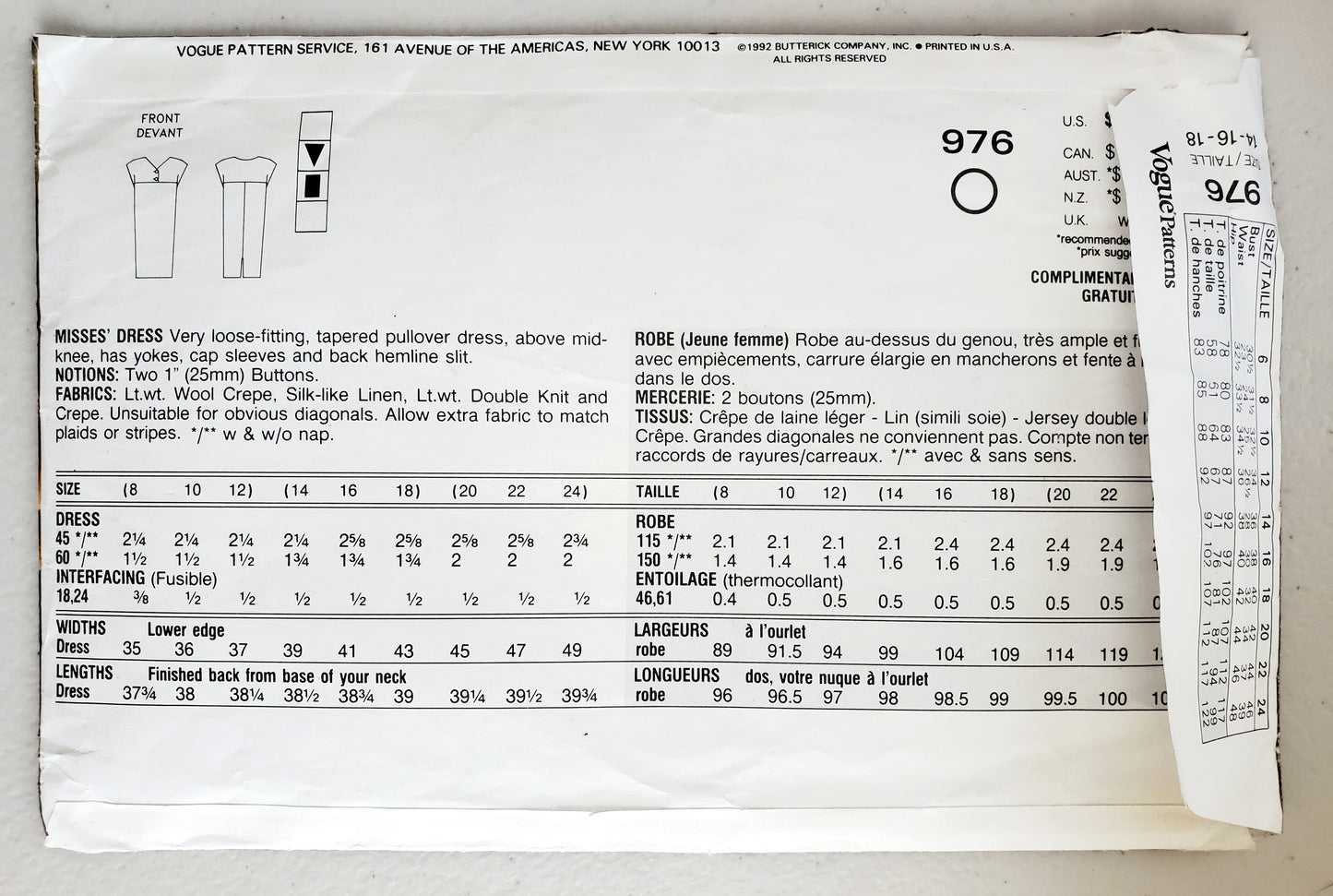 VOGUE Sewing Pattern 976, Tapered Pullover Dress, Size 14-16