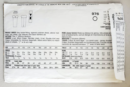VOGUE Sewing Pattern 976, Tapered Pullover Dress, Size 14-16