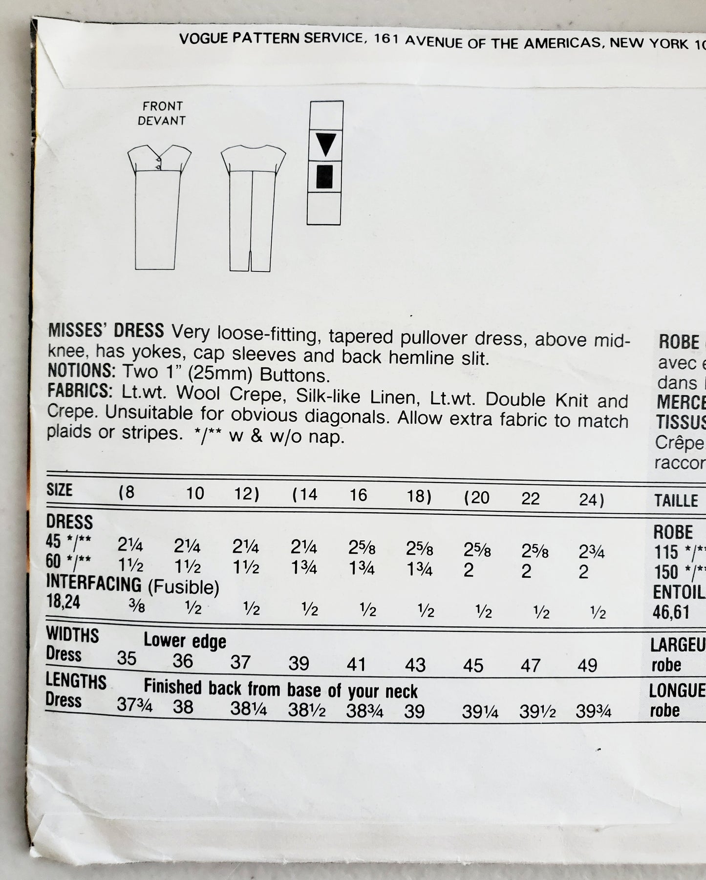 VOGUE Sewing Pattern 976, Tapered Pullover Dress, Size 14-16