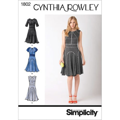 SIMPLICITY Sewing Pattern 1802 Model wearing Dress with Structured Bodice & Seam Lines, Flared Skirt with Panels SIZE 6-14