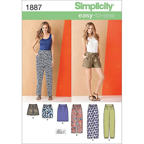 Simplicity sewing pattern 1887 packaging with two models wearing pants and shorts, and a row of patterned pants.
