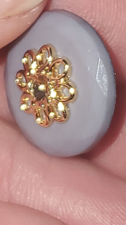 Blue Shank Buttons with Gold Colour Metal Filigree, Round, Size 15mm 1.5cm, QTY 5