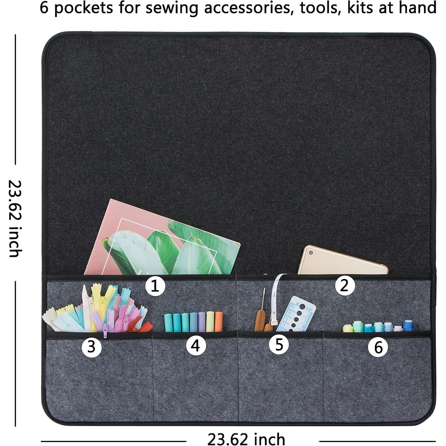 Black Felt Sewing Machine Mat with Multi-Pocket Storage Organizer