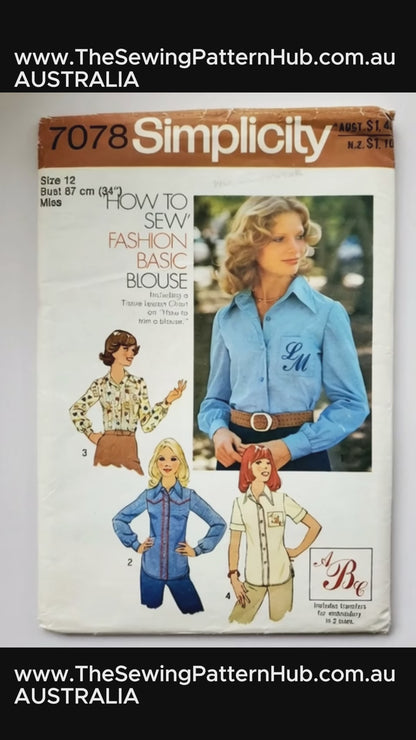 SIMPLICITY Sewing Pattern 7078, Shirt or Blouse, How To Sew, Size 12