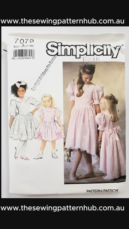 SIMPLICITY Sewing Pattern 7075, Girls, Dress, Flower Girl, Special Occasion, Size 7-14
